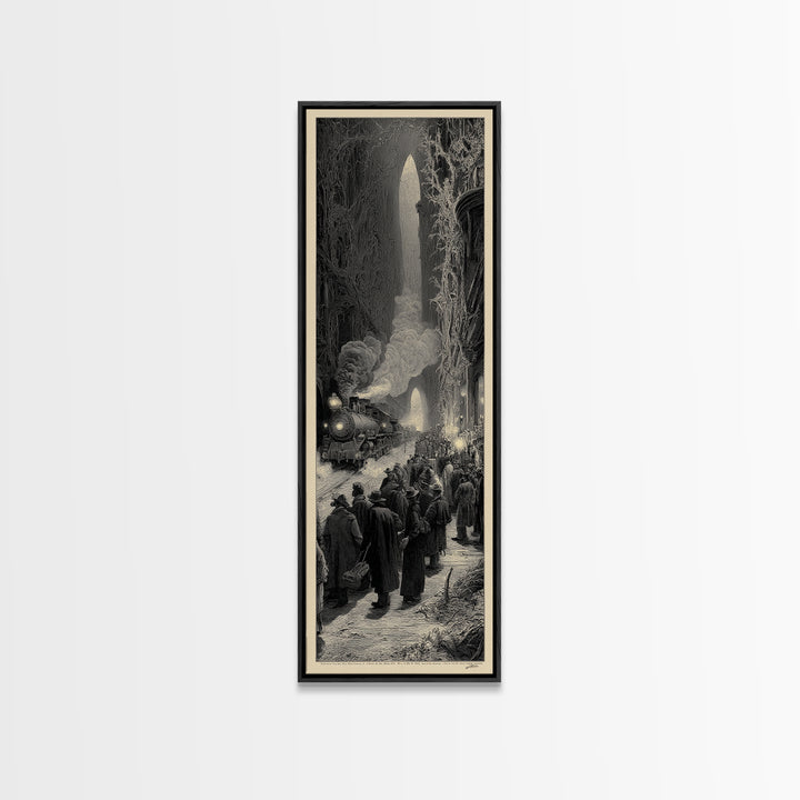 The Ghost Train Arrival, Gothic Engraving Art, Tall Narrow Wall Art, Dark Fantasy Wall Art, Canvas Print, Halloween Wall Art