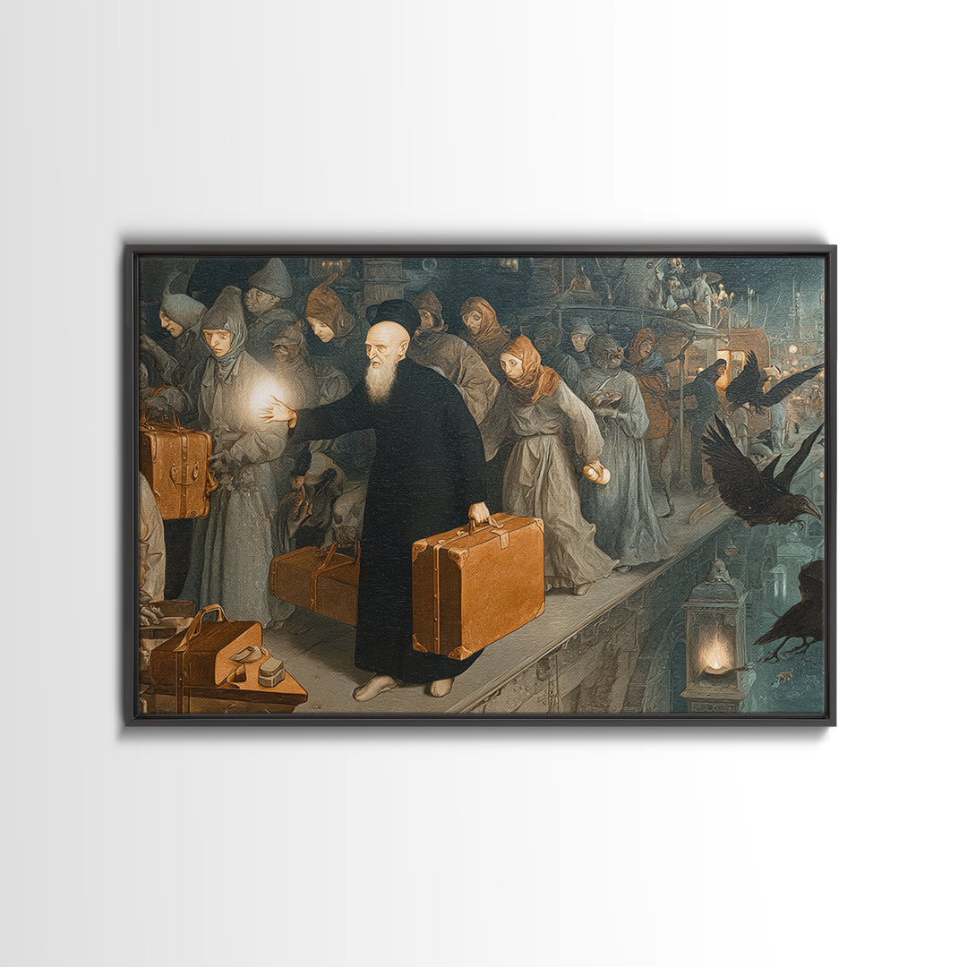 The Ghost Train Arrival, Medieval Grotesque Art, Landscape Wall Art, Dark Halloween Decor, Framed Canvas Print, Halloween Wall Art