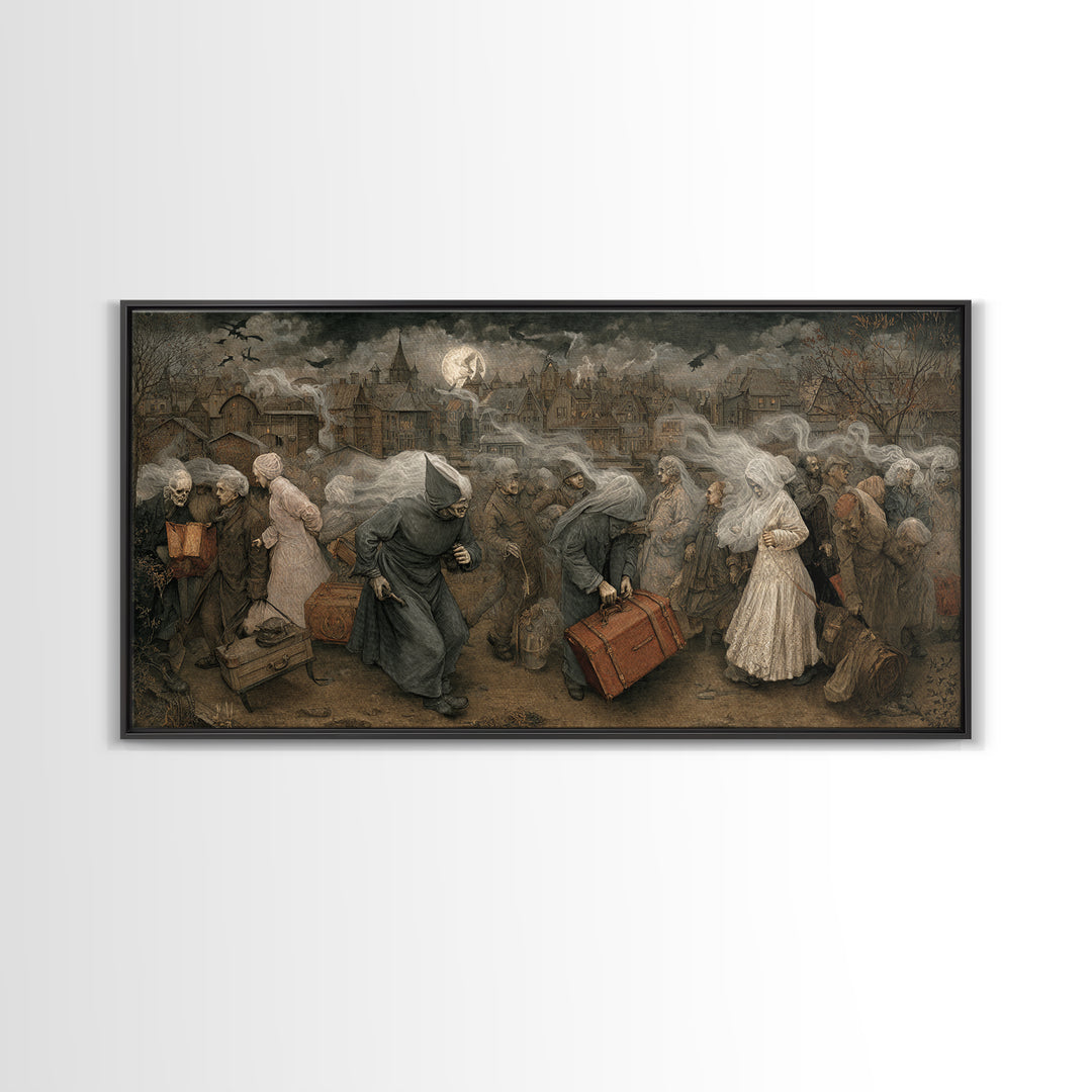 The Ghost Train Arrival, Northern Renaissance Horror, Wide Panoramic Art, Gothic Horror Wall Art, Framed Canvas Print