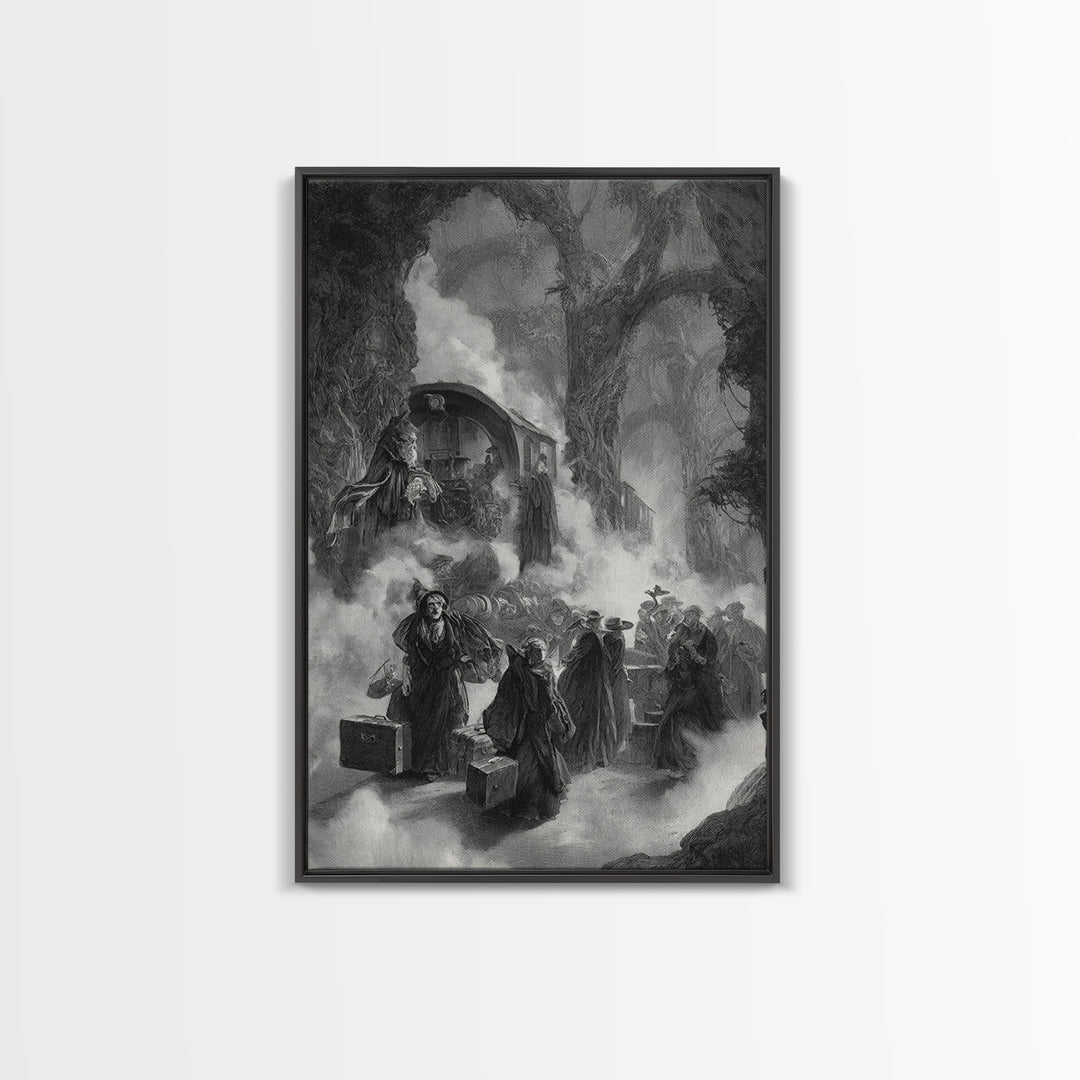 The Ghost Train Arrival, Baroque Witchcraft Art, Vertical Wall Art, Dark Halloween Decor, Canvas Print, Halloween Wall Art