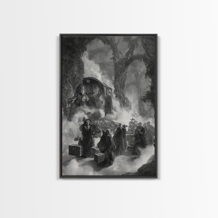 The Ghost Train Arrival, Baroque Witchcraft Art, Vertical Wall Art, Dark Halloween Decor, Canvas Print, Halloween Wall Art