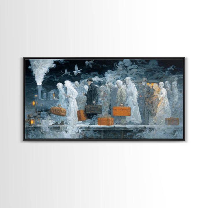 The Ghost Train Arrival, Visionary Gothic Art, Wide Panoramic Art, Dark Halloween Decor, Canvas Print, Halloween Wall Art