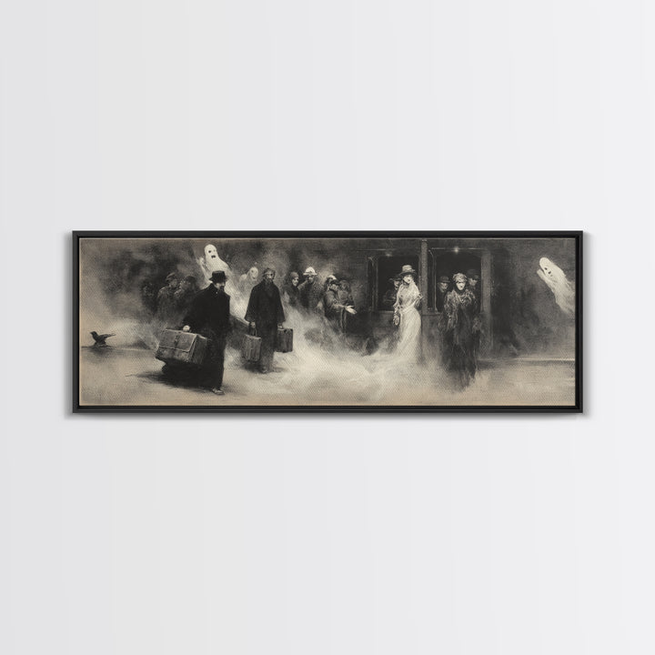 The Ghost Train Arrival, Symbolist Dream Art, Extra Wide Wall Art, Dark Halloween Decor, Canvas Print, Halloween Wall Art