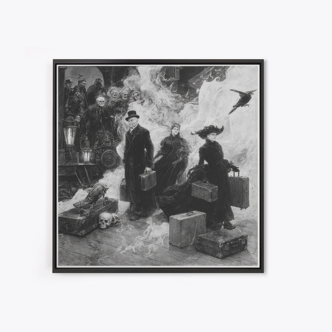 The Ghost Train Arrival, Decadent Gothic Art, Square Wall Art, Dark Halloween Decor, Framed Canvas Print, Halloween Wall Art