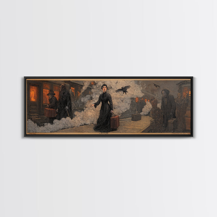 The Ghost Train Arrival, Symbolist Etching Art, Extra Wide Wall Art, Dark Fantasy Wall Art, Framed Canvas Print, Halloween Wall Art