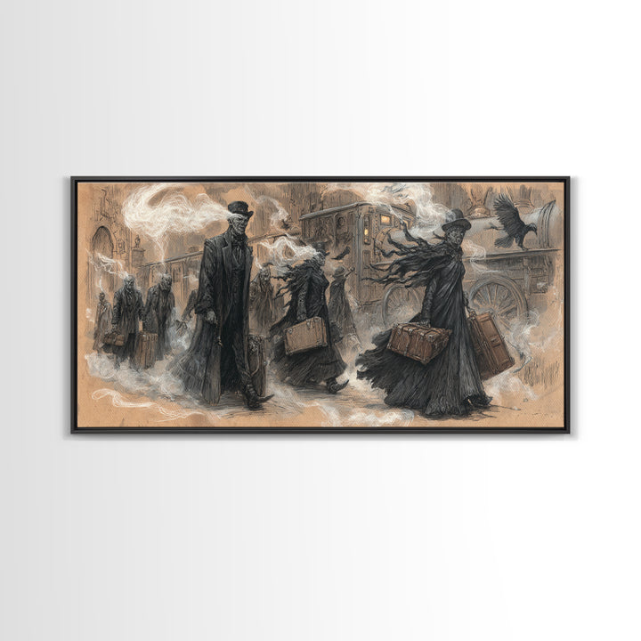 The Ghost Train Arrival, Expressionist Nightmare Art, Wide Panoramic Art, Macabre Wall Art, Canvas Print, Halloween Wall Art