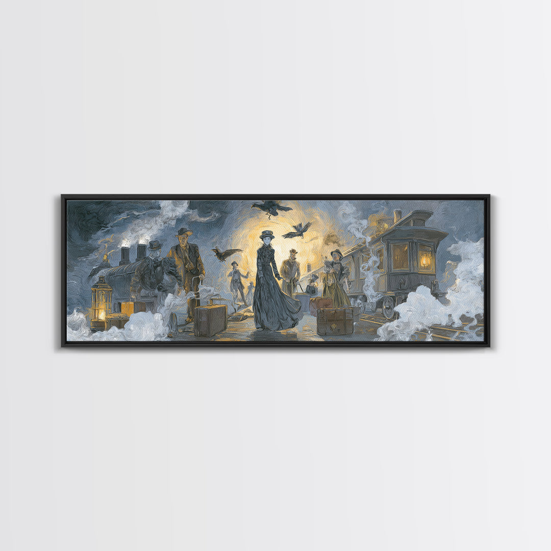 The Ghost Train Arrival, Expressionist Gothic Art, Extra Wide Wall Art, Dark Halloween Decor, Canvas Print, Halloween Wall Art