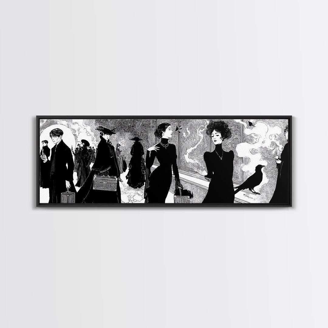 The Ghost Train Arrival, Decadent Line Art, Extra Wide Wall Art, Gothic Horror Wall Art, Canvas Print, Halloween Wall Art