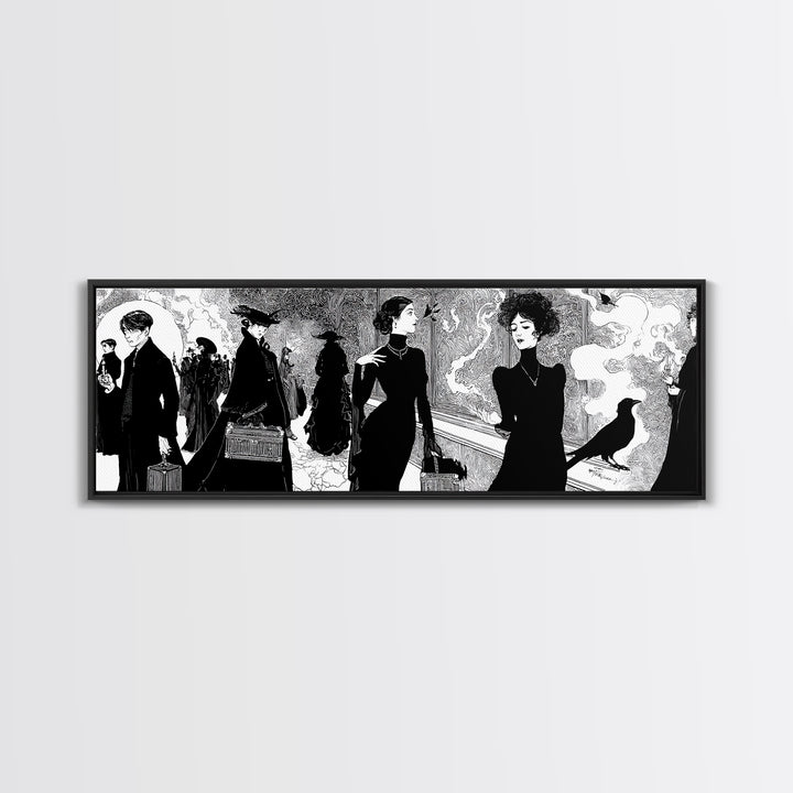 The Ghost Train Arrival, Decadent Line Art, Extra Wide Wall Art, Gothic Horror Wall Art, Canvas Print, Halloween Wall Art