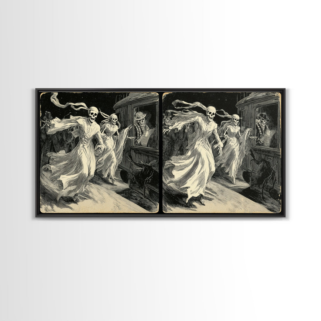 The Ghost Train Arrival, Macabre Folk Print Art, Wide Panoramic Art, Dark Fantasy Wall Art, Framed Canvas Print