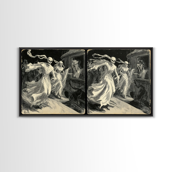 The Ghost Train Arrival, Macabre Folk Print Art, Wide Panoramic Art, Dark Fantasy Wall Art, Framed Canvas Print
