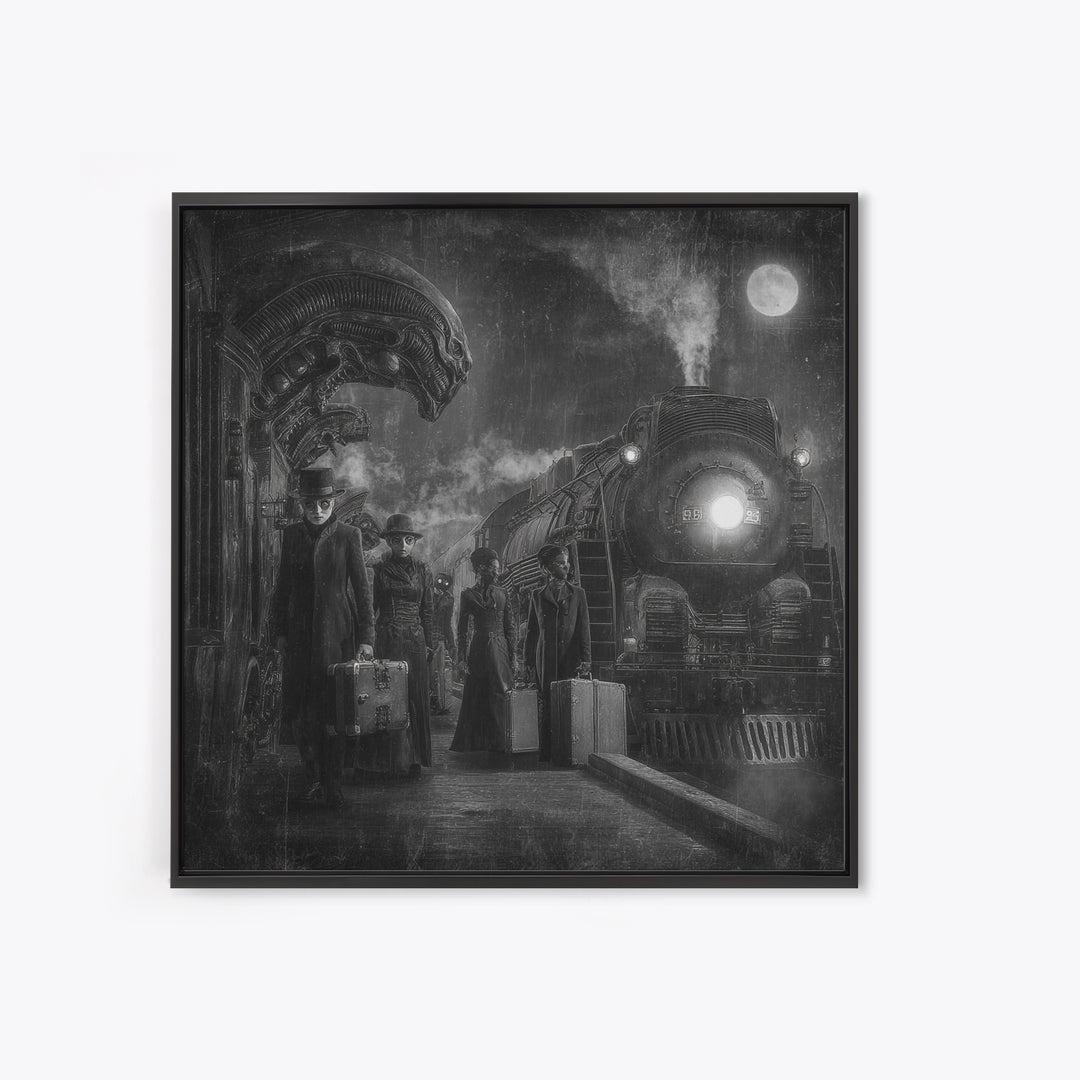 The Ghost Train Arrival, Biomechanical Horror Art, Square Wall Art, Dark Fantasy Wall Art, Framed Canvas Print, Halloween Wall Art