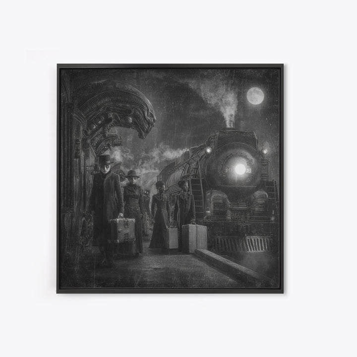 The Ghost Train Arrival, Biomechanical Horror Art, Square Wall Art, Dark Fantasy Wall Art, Framed Canvas Print, Halloween Wall Art