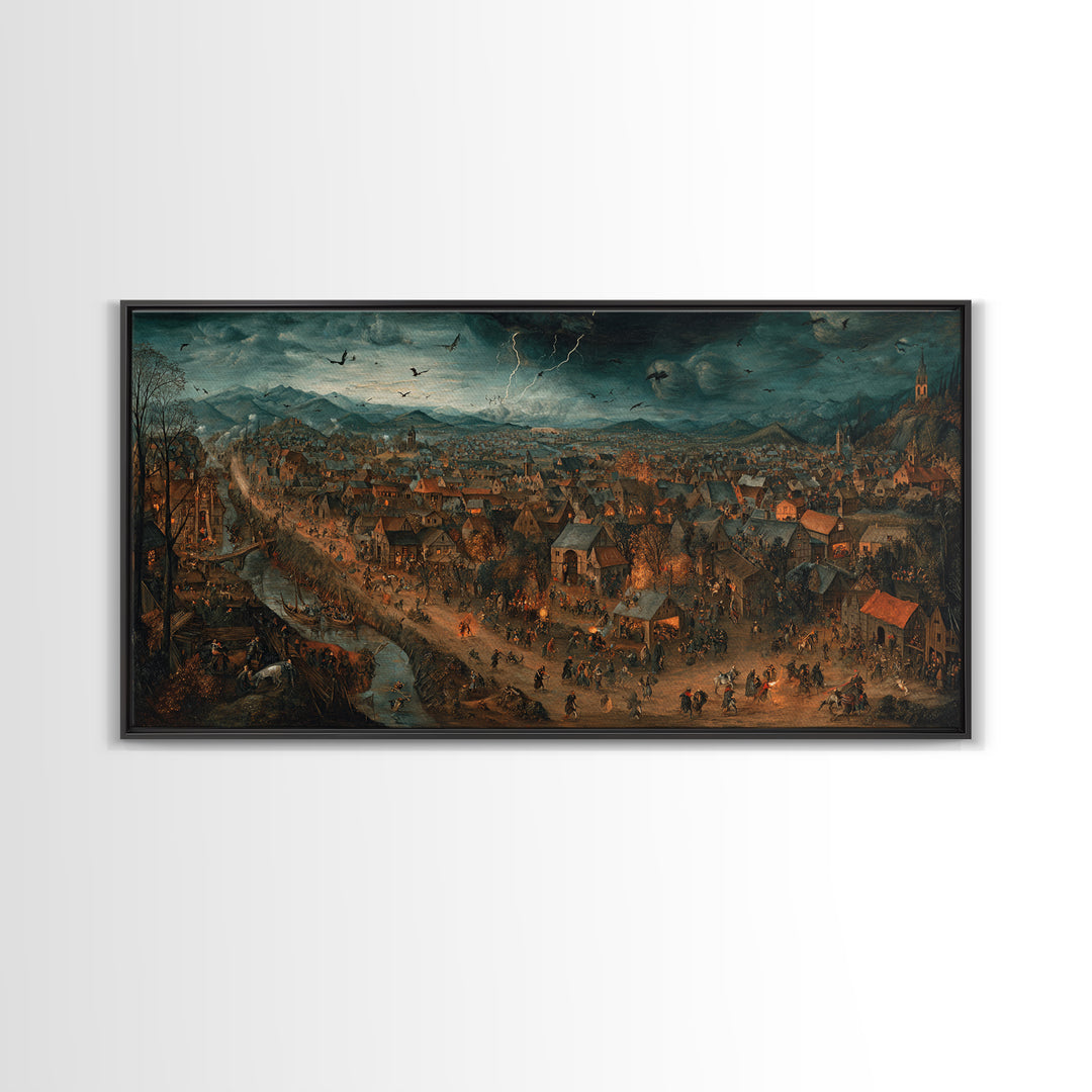 The Halloween Storm, Northern Renaissance Horror, Wide Panoramic Art, Dark Fantasy Wall Art, Canvas Print, Halloween Wall Art