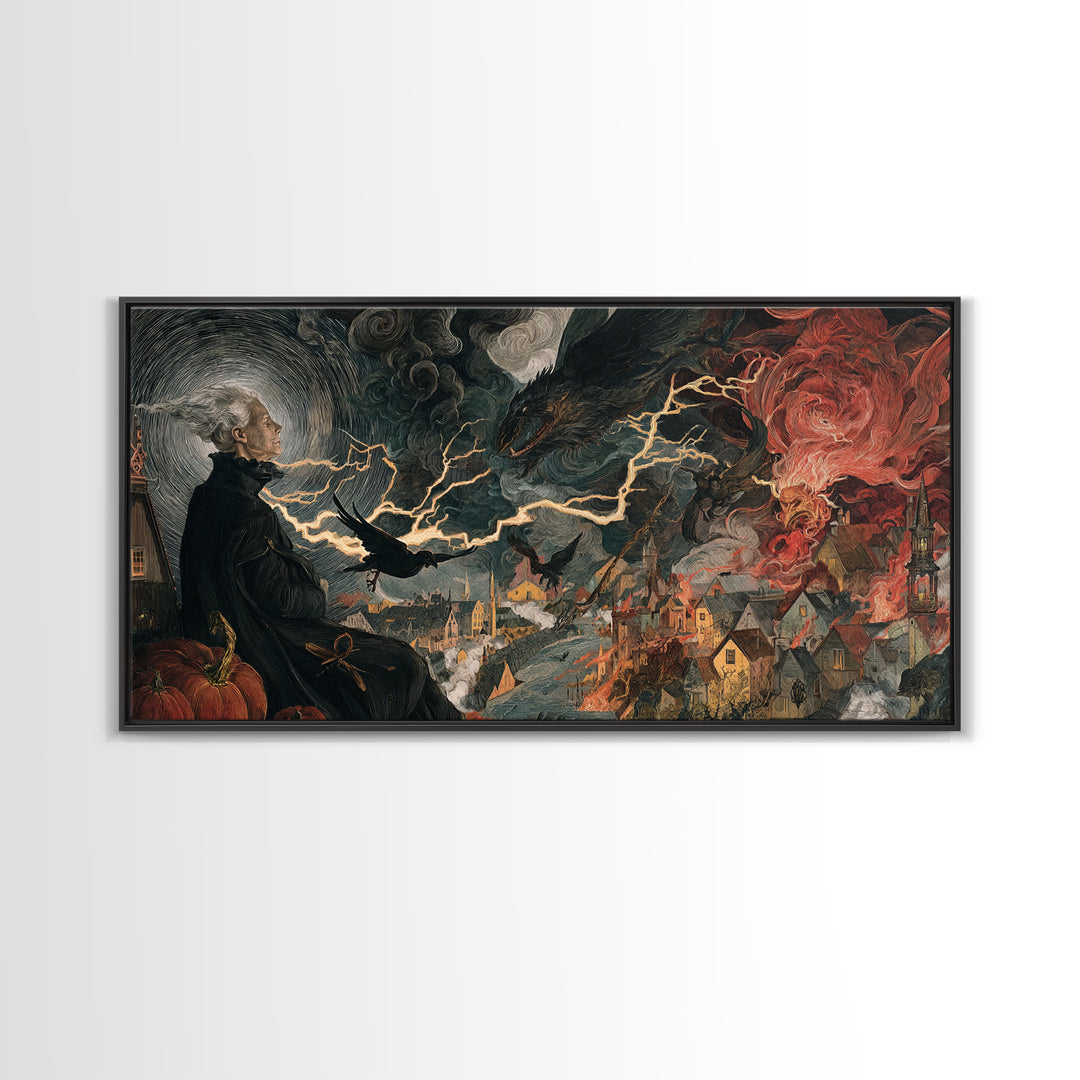 The Halloween Storm, Dark Renaissance Art, Wide Panoramic Art, Dark Fantasy Wall Art, Framed Canvas Print, Halloween Wall Art