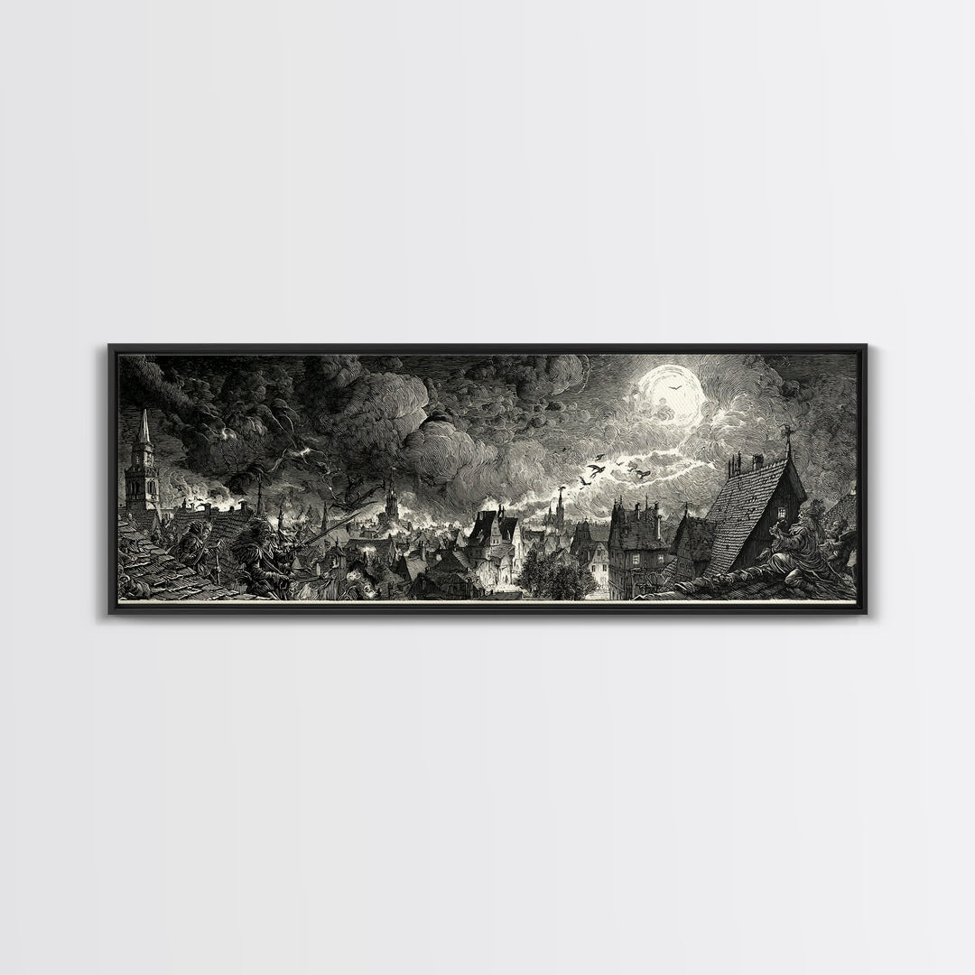 The Halloween Storm, Renaissance Engraving Art, Extra Wide Wall Art, Dark Fantasy Wall Art, Canvas Print, Halloween Wall Art