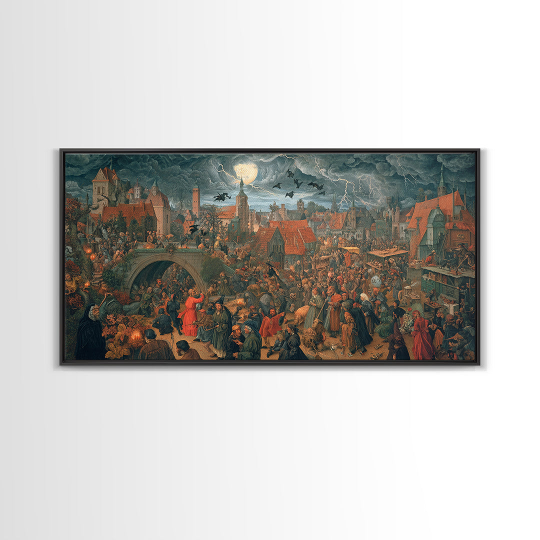 The Halloween Storm, Danse Macabre Art, Wide Panoramic Art, Macabre Wall Art, Framed Canvas Print, Halloween Wall Art