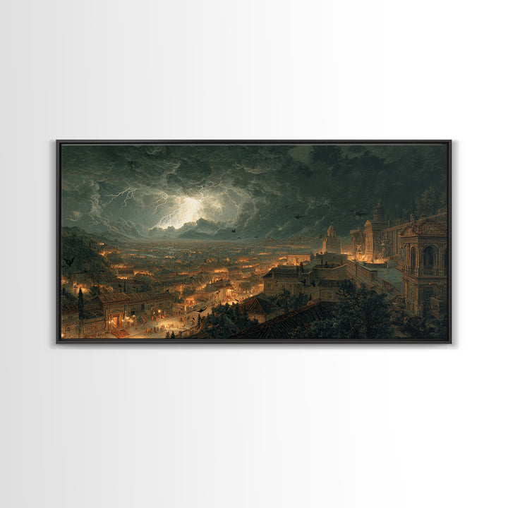 The Halloween Storm, Architectural Etching Art, Wide Panoramic Art, Dark Halloween Decor, Canvas Print, Halloween Wall Art