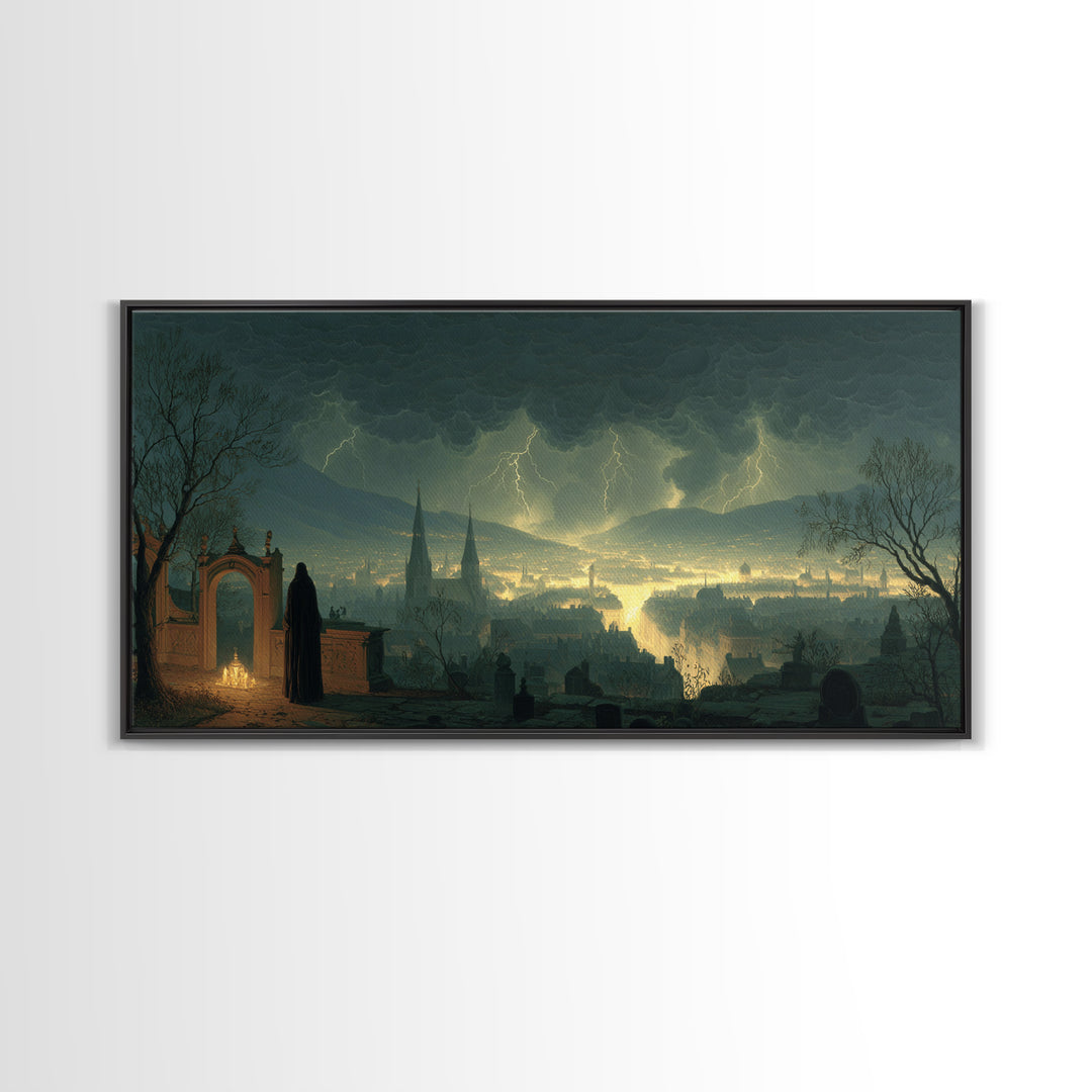 The Halloween Storm, Romantic Gothic Landscape, Wide Panoramic Art, Dark Halloween Decor, Framed Canvas Print, Halloween Wall Art