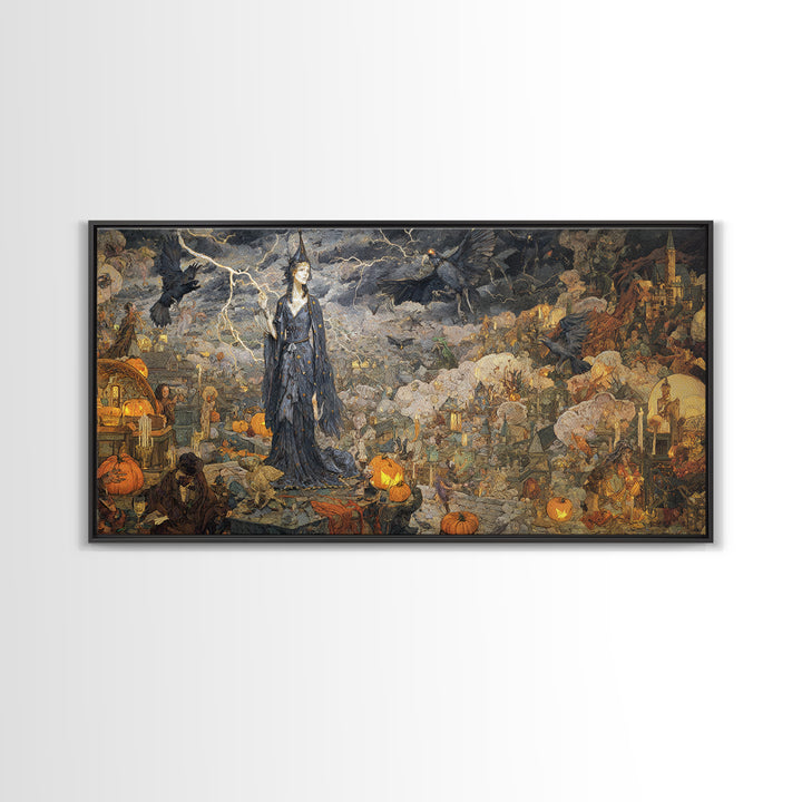 The Halloween Storm, Ornate Symbolist Art, Wide Panoramic Art, Macabre Wall Art, Canvas Print, Halloween Wall Art, Halloween Decor