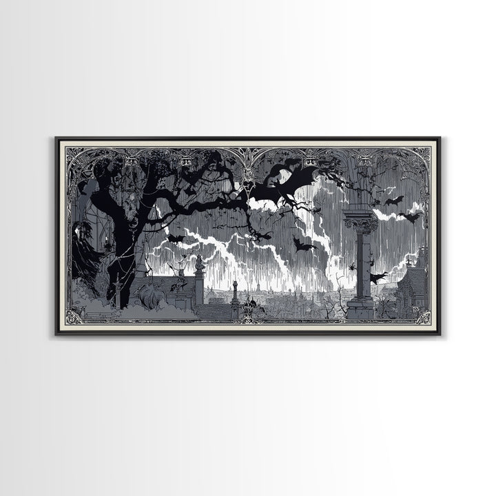 The Halloween Storm, Decadent Line Art, Wide Panoramic Art, Gothic Horror Wall Art, Framed Canvas Print, Halloween Wall Art