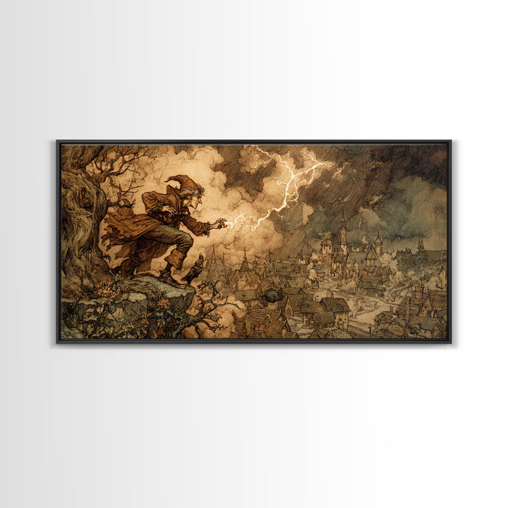 The Halloween Storm, Gothic Storybook Art, Wide Panoramic Art, Dark Fantasy Wall Art, Canvas Print, Halloween Wall Art
