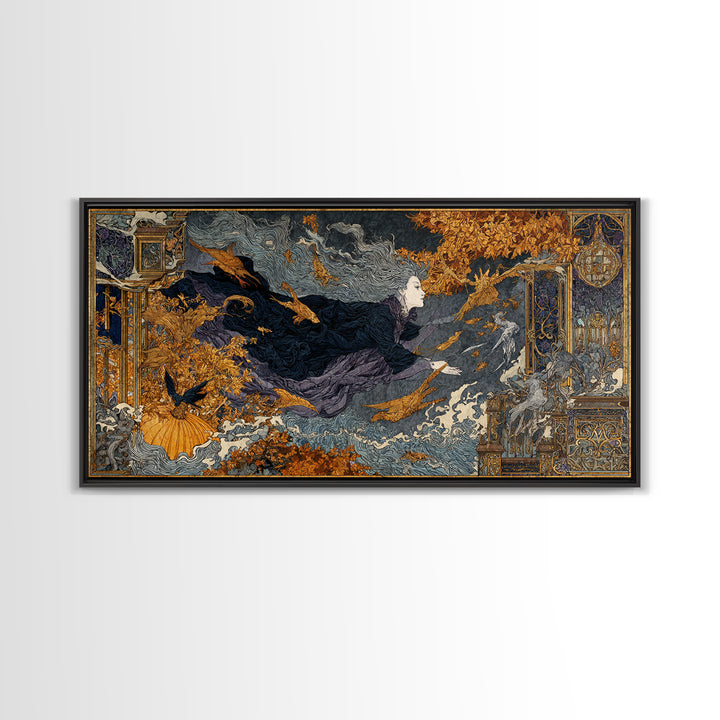 The Halloween Storm, Stained Glass Gothic Art, Wide Panoramic Art, Dark Fantasy Wall Art, Canvas Print, Halloween Wall Art