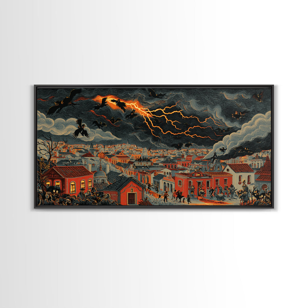 The Halloween Storm, Macabre Folk Print Art, Wide Panoramic Art, Dark Fantasy Wall Art, Framed Canvas Print, Halloween Wall Art
