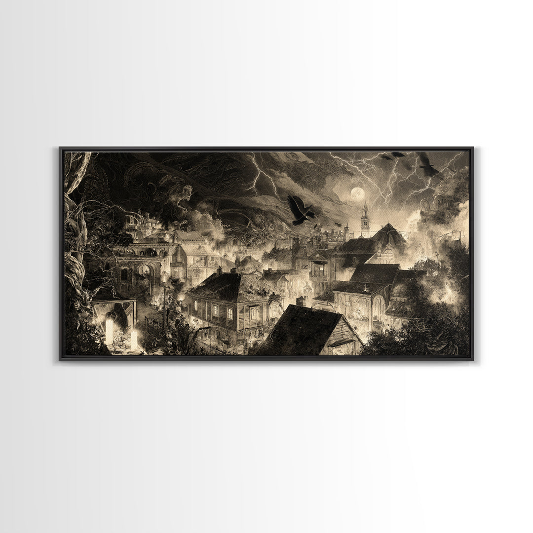 The Halloween Storm, Biomechanical Horror Art, Wide Panoramic Art, Dark Halloween Decor, Canvas Print, Halloween Wall Art
