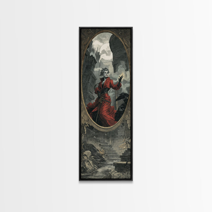 The Cursed Mirror, Architectural Etching Art, Tall Narrow Wall Art, Dark Fantasy Wall Art, Canvas Print, Halloween Wall Art