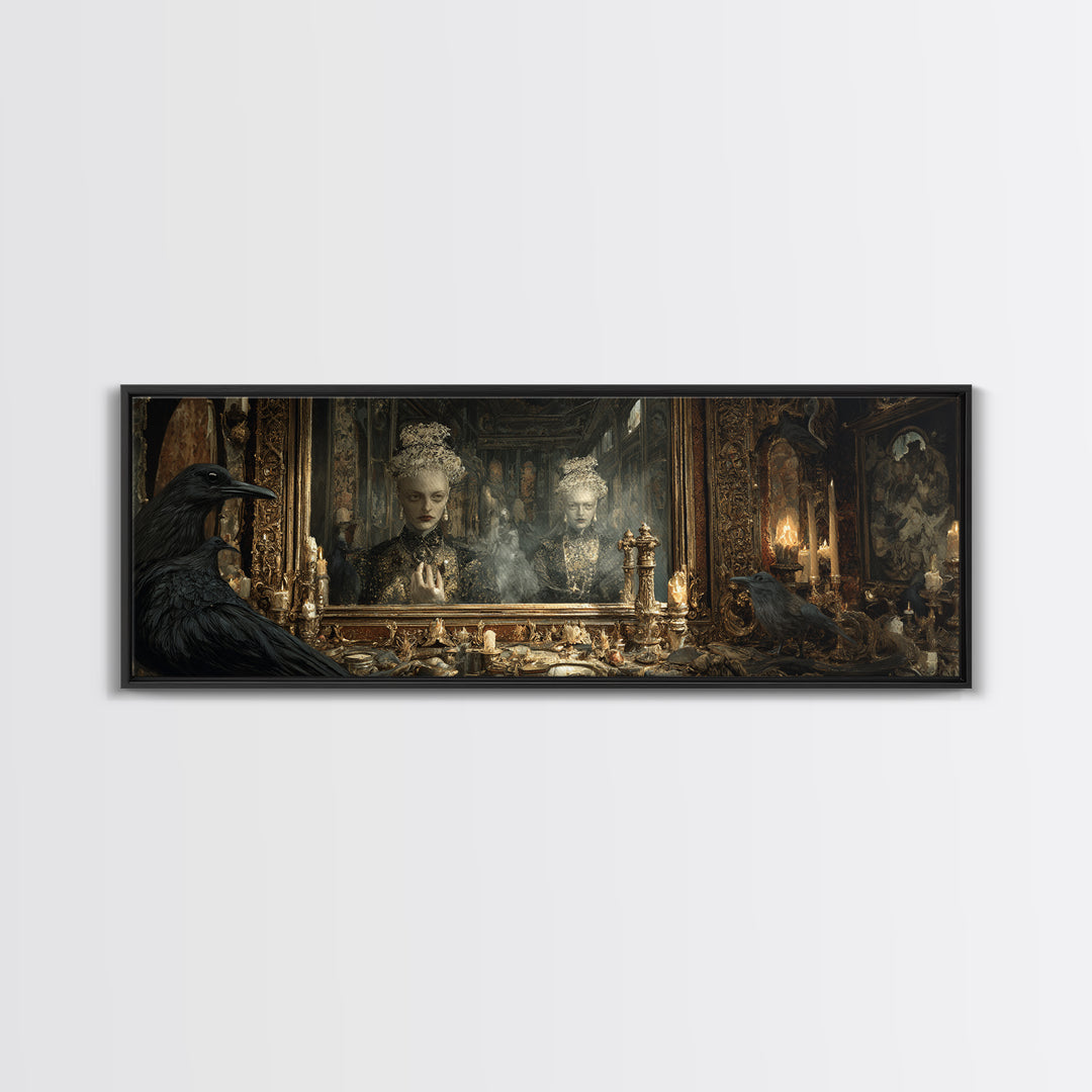 The Cursed Mirror, Ornate Symbolist Art, Extra Wide Wall Art, Macabre Wall Art, Framed Canvas Print, Halloween Wall Art