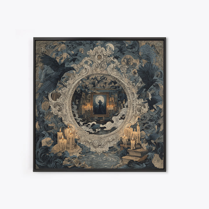 The Cursed Mirror, Symbolist Etching Art, Square Wall Art, Dark Fantasy Wall Art, Framed Canvas Print, Halloween Wall Art