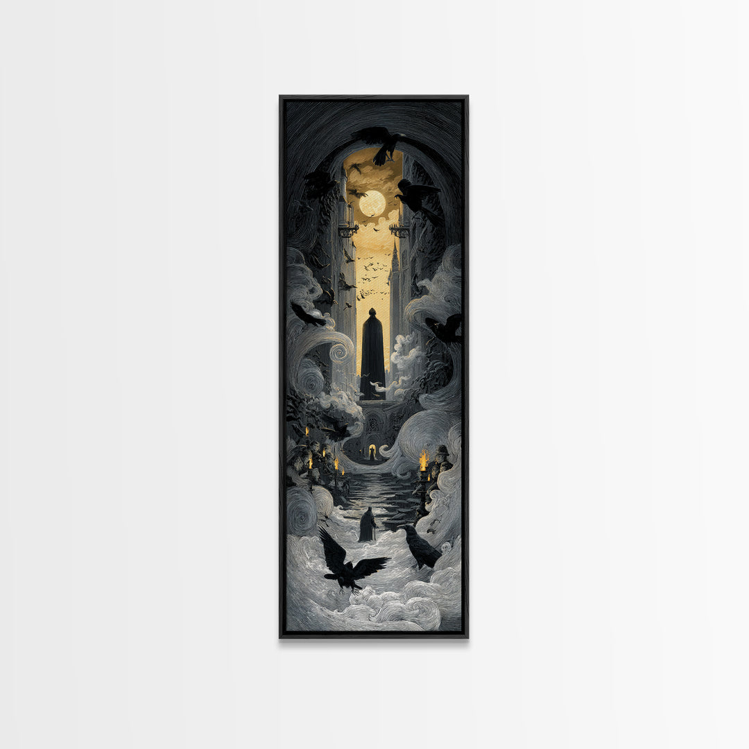 The Living Spellbook, Gothic Engraving Art, Tall Narrow Wall Art, Dark Fantasy Wall Art, Canvas Print, Halloween Wall Art