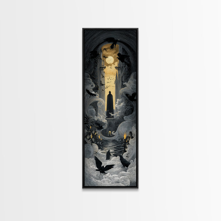 The Living Spellbook, Gothic Engraving Art, Tall Narrow Wall Art, Dark Fantasy Wall Art, Canvas Print, Halloween Wall Art
