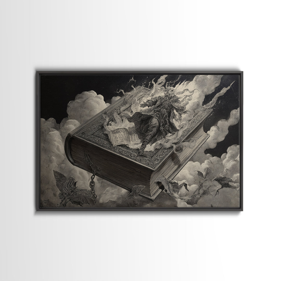 The Living Spellbook, Architectural Etching Art, Landscape Wall Art, Dark Fantasy Wall Art, Canvas Print, Halloween Wall Art