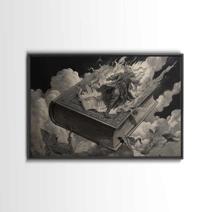 The Living Spellbook, Architectural Etching Art, Landscape Wall Art, Dark Fantasy Wall Art, Canvas Print, Halloween Wall Art