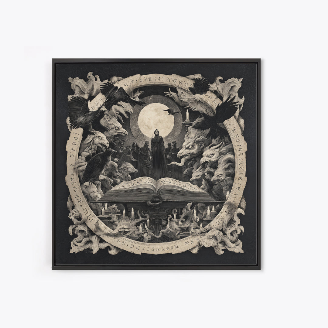 The Living Spellbook, Dark Symbolist Art, Square Wall Art, Dark Halloween Decor, Framed Canvas Print, Halloween Wall Art