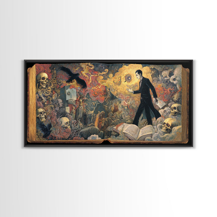 The Living Spellbook, Grotesque Carnival Art, Wide Panoramic Art, Dark Halloween Decor, Framed Canvas Print, Halloween Wall Art