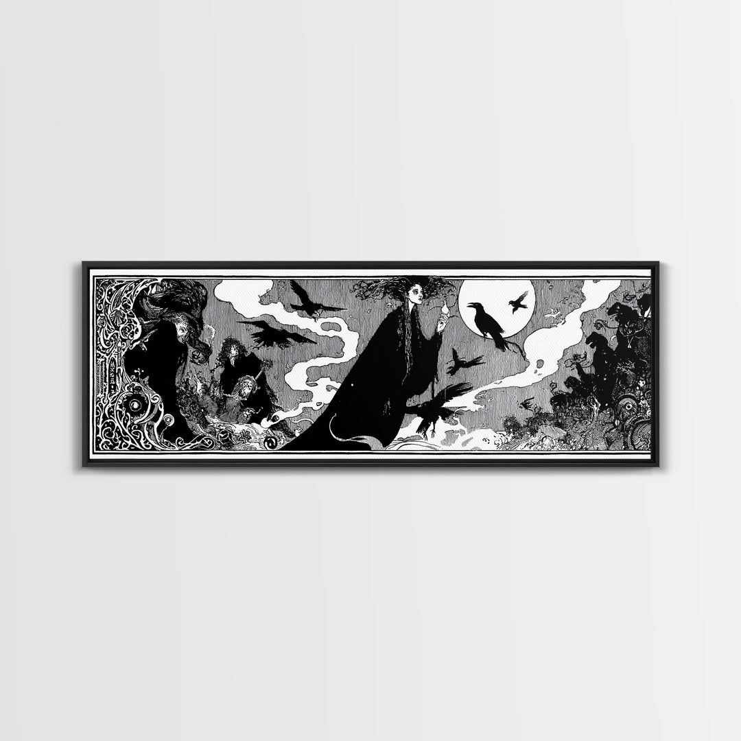 The Living Spellbook, Decadent Line Art, Extra Wide Wall Art, Dark Fantasy Wall Art, Canvas Print, Halloween Wall Art