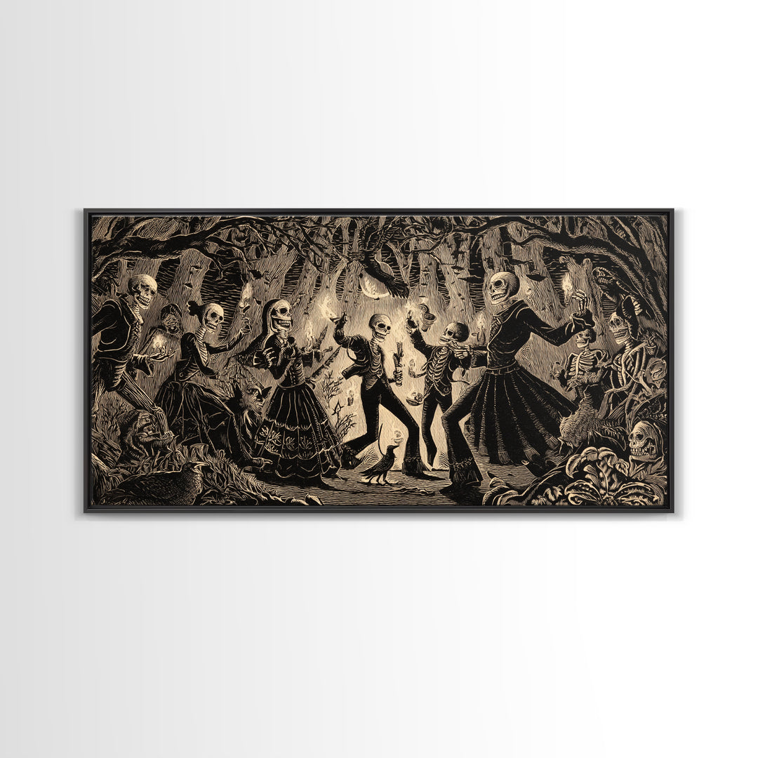 The Living Spellbook, Macabre Folk Print Art, Wide Panoramic Art, Dark Fantasy Wall Art, Framed Canvas Print, Halloween Wall Art