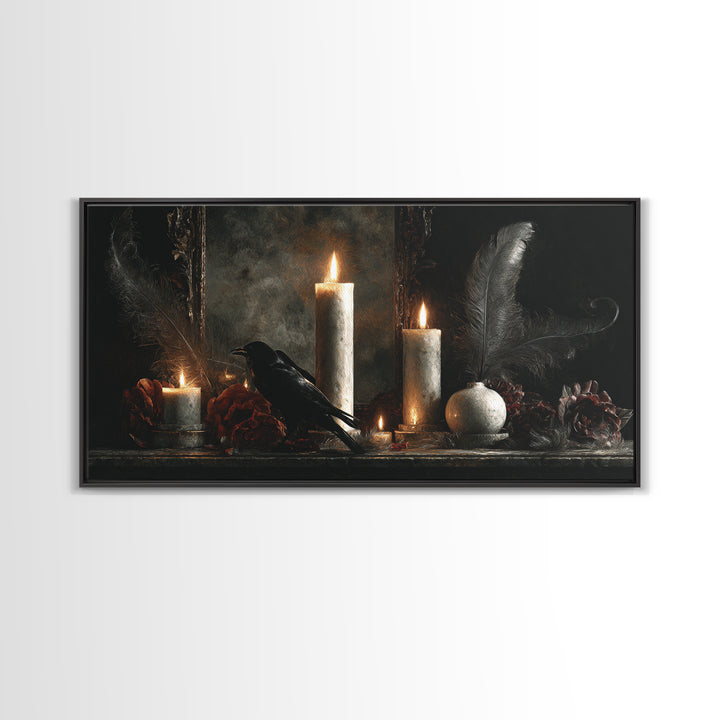 Candle Flame Reflecting Framed Canvas Print, Dark Art, Statement Artwork, Living Room Decor, Fine Art, Nocturne, Wall Decor, DAR-2x1-20