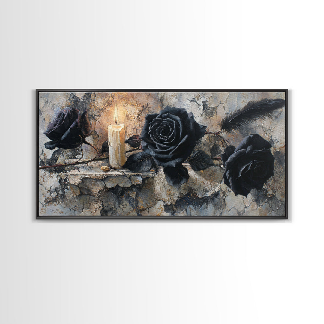 Black Roses Blooming from Cracked Stone Canvas Print, Dark Art, Textured Painting, Living Room Decor, Fine Art, Nocturne, DAR-2x1-22