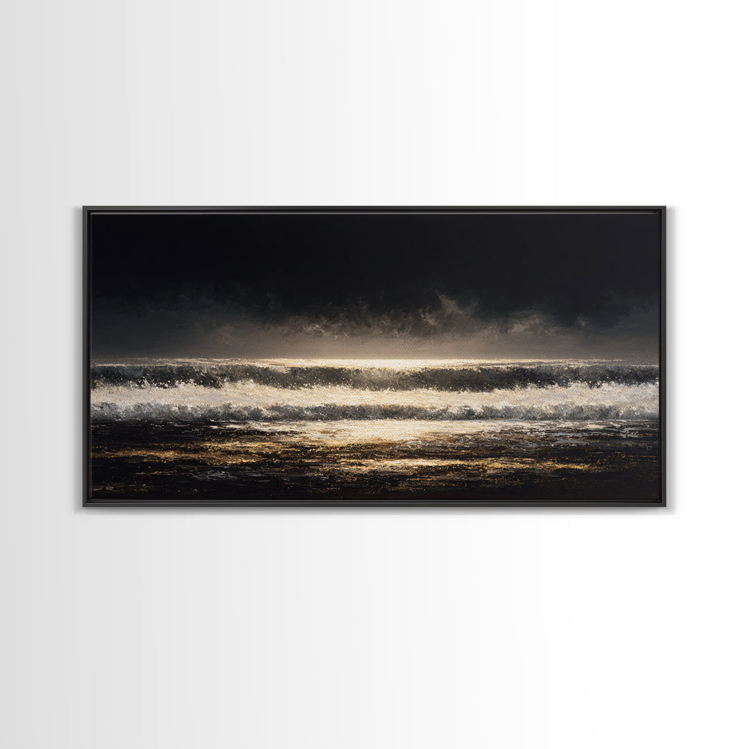 Stormy Sea under a Nearly Black Sky Framed Canvas Print, Dark Art, Digital Art, Living Room Decor, Fine Art, Nocturne, DAR-2x1-25