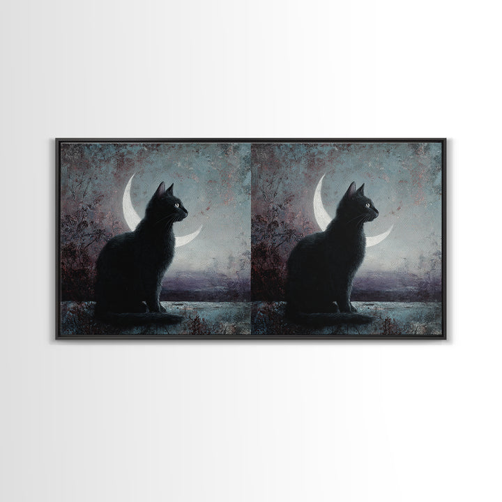 Black Cat with Glowing Eyes under Crescent Framed Canvas Print, Dark Art, Living Room Decor, Watercolor Art, Nocturne, DAR-2x1-29