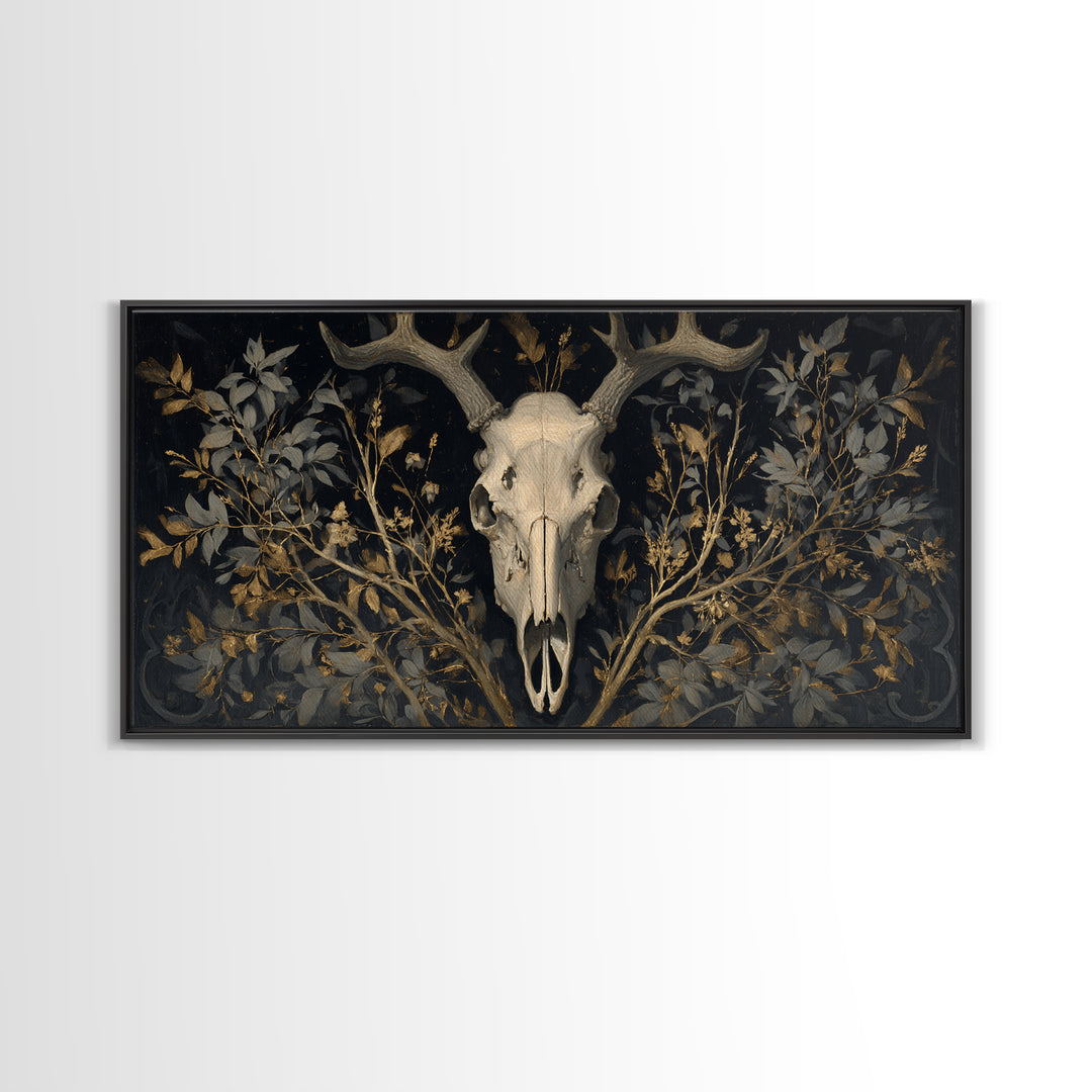 Shadowy Deer Skull Canvas Print, Dark Art, Oil Painting, Living Room Decor, Nocturne, Gothic Wall Decor, Man Cave Decor, DAR-2x1-31