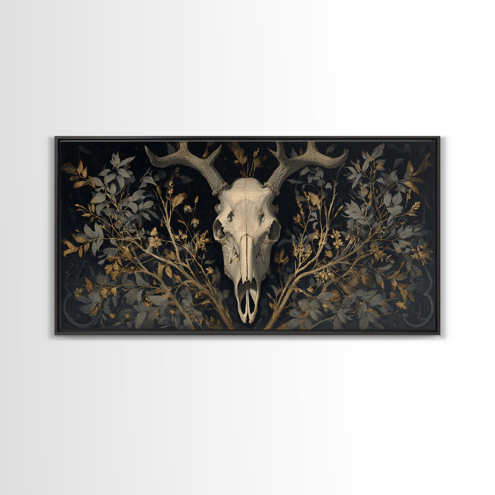 Shadowy Deer Skull Canvas Print, Dark Art, Oil Painting, Living Room Decor, Nocturne, Gothic Wall Decor, Man Cave Decor, DAR-2x1-31