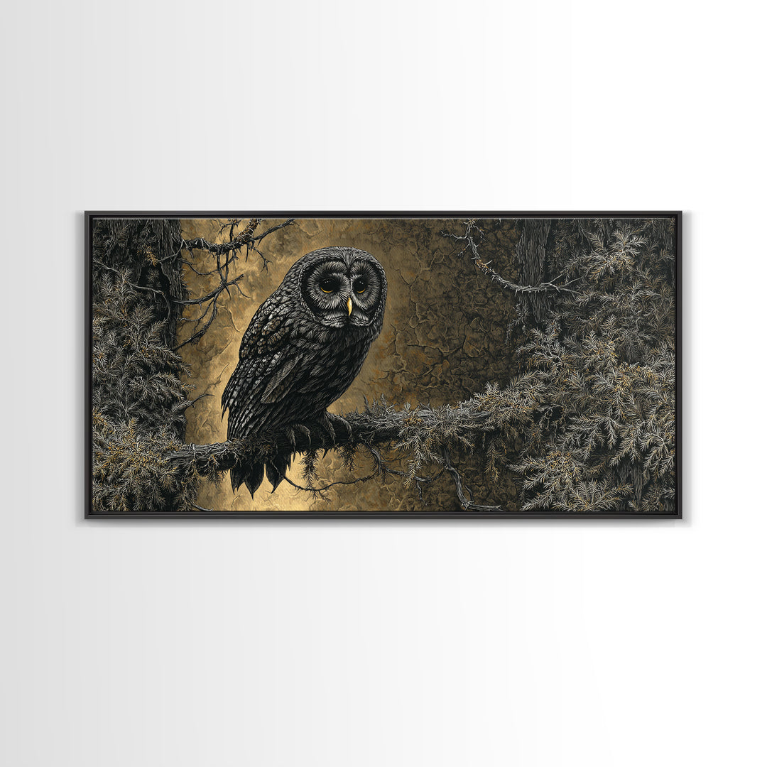 Owl in a Midnight Pine Forest Framed Canvas Print, Dark Art, Room Decor, Living Room Decor, Fine Art, Nocturne, Digital Art, DAR-2x1-42