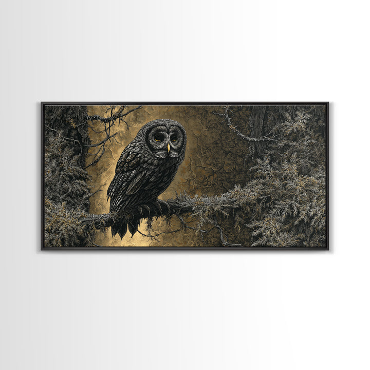 Owl in a Midnight Pine Forest Framed Canvas Print, Dark Art, Room Decor, Living Room Decor, Fine Art, Nocturne, Digital Art, DAR-2x1-42