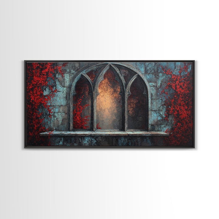 Gothic Cathedral Window Framed Canvas Print, Dark Art, Art Print, Living Room Decor, Oil Painting, Nocturne, Halloween Art, DAR-2x1-60