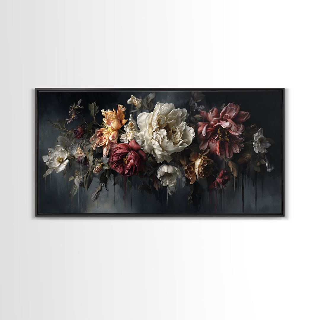 Dark Floral Bouquet Canvas Print, Dark Art, Oil Painting, Living Room Decor, Nocturne, Gothic Wall Decor, Man Cave Decor, DAR-2x1-61
